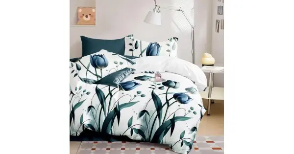 Ofertă Lenjerie pat dublu cu ELASTIC, Finet, 6 piese, Albastru, Alb, lalele