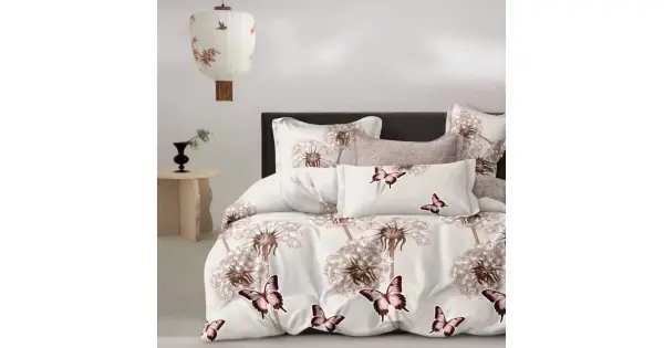 Super ofertă Lenjerie pat dublu cu ELASTIC, Finet, 6 piese, Bej, fluturi si papadii