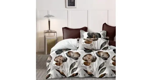 Preț promoțional Lenjerie pat dublu cu ELASTIC, Finet, 6 piese, Gri, flori