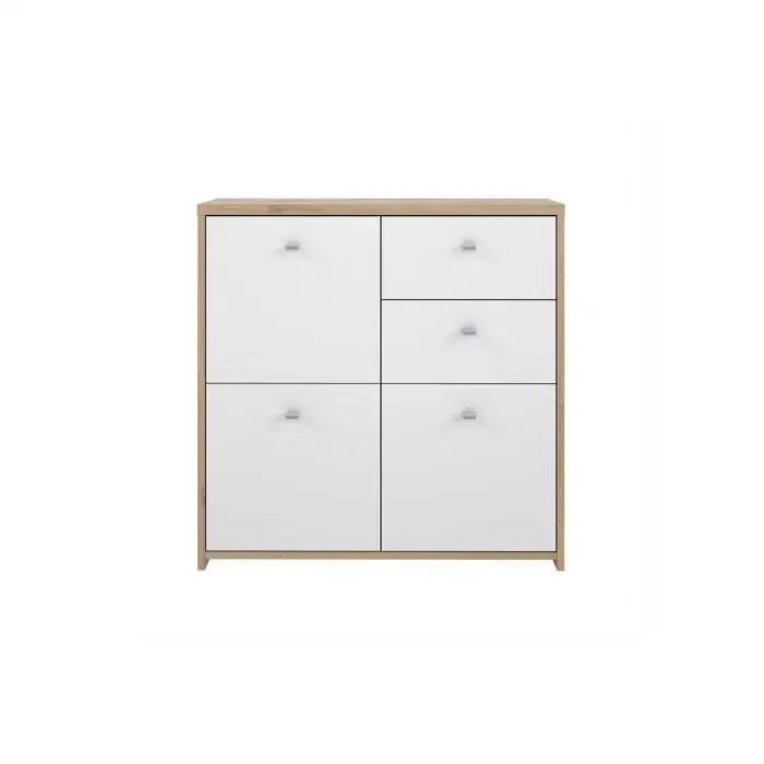 Ofertă de sezon Comoda BEST CHEST SQNK223, 3 usi, 2 sertare, corp stejar artisan, fronturi alb, 77x77x29 cm
