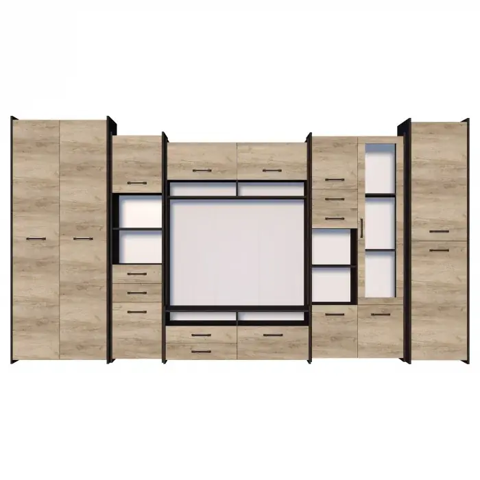 Preț redus Living MOKKA II, 5 corpuri, corp PAL maro inchis, fronturi PAL stejar, 360x53x200 cm