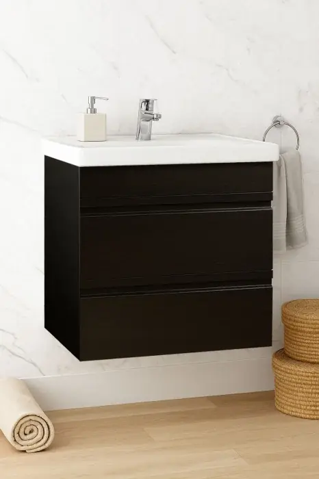Set Baza front MDF si Lavoar seria 786, suspendata, cu sertare, montat, 60 cm, negru Livrare expres